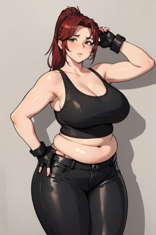 (masterpiece, highest quality:1.2), solo, 1girl, revy, 45-year-old, arm tattoo, mature woman, milf, Chubby figure, plump, fat rolls, big fat belly, expressionless, looking at viewer, ponytail, (Wearing: red tank top, fingerless gloves, black leather pants), holding a cigarette, city street, standing, leaning up against a wall