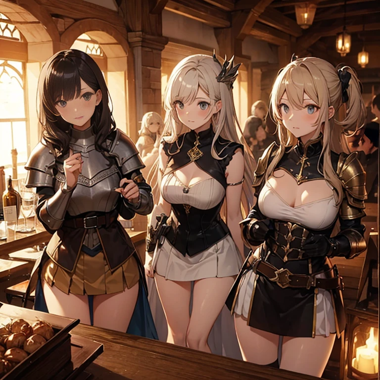 A group of  female medieval fantasy adventurers, (in tavern), various hair styles, harem, night, details face, short skirt, seducing, sleeveless, armor