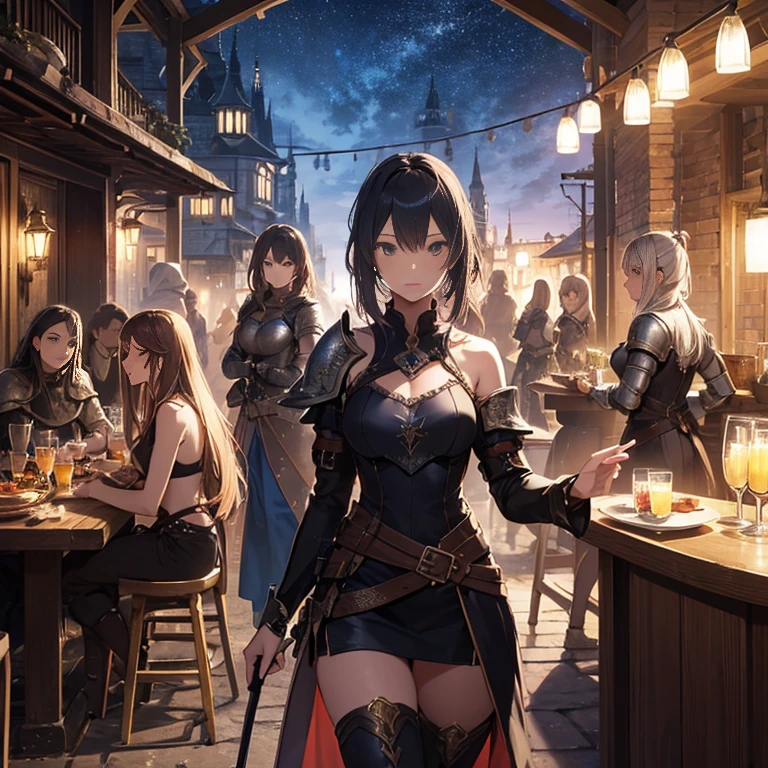 A group of female medieval fantasy adventurers, (in tavern), various hair styles, harem, night, details face, short skirt, seducing, sleeveless, armor