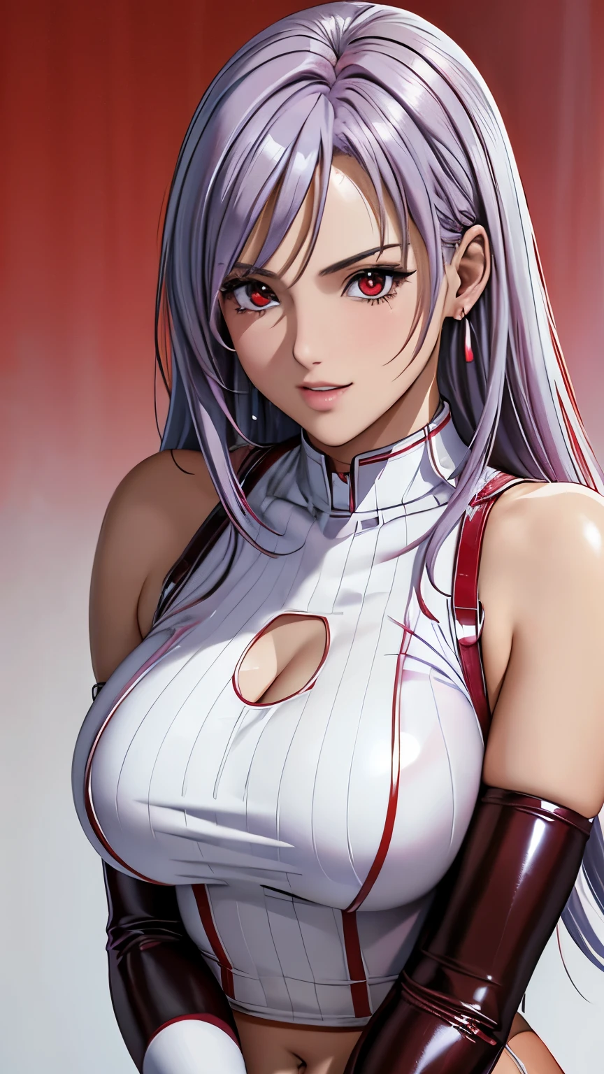 red eyes, (highest quality, masterpiece painting:1.3), immature woman, , (half body shot), masterpiece, ultra high resolution, (Photoreal:1.0), ((light purple hair)),straight hair, beautiful shining hair, white and shining skin, ((Ultra realistic details)), octane rendering, highly detailed face, (big breasts:0.8), bare shoulder,  light red pvc outfit, (light red pvc serafuku:1.3), (light red pvc pleated skirt), light red pvc elbow gloves, light red pvc thigh boots, (garter straps:1.2), Fabric Glows,  open neckline, cleavage, perfect body, soft skin, silver earrings, (pure white background:1.4), sharp focus, intricate details, professional artwork, (bright colors:1.1), bright colors, diffused lighting, digital blending, ultra-definition body, ultra detail hair, super detailed face, that&#39;It&#39;s trending on pixiv, top button open, Cute gaze, compensate, perfect lips, perfect compensate, Ultra-precision coating, (light_smile:0.8), (smugness:1.2),blush your nose,