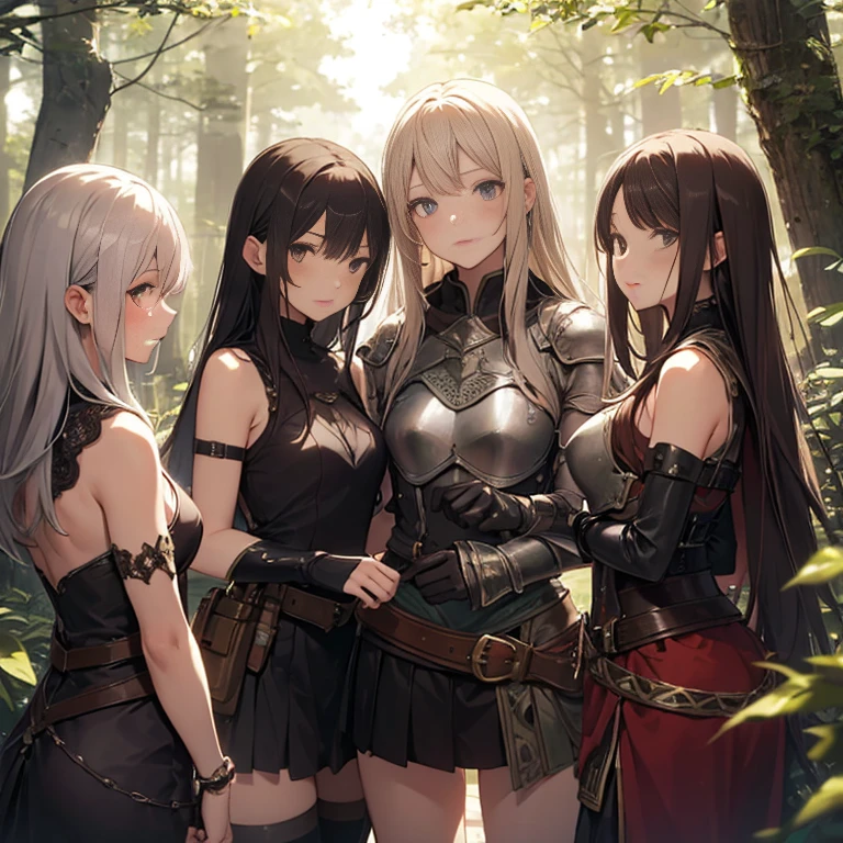 A group of female medieval fantasy adventurers, (in forest), various hair styles, harem, night, details face, short skirt, seducing, sleeveless, armor