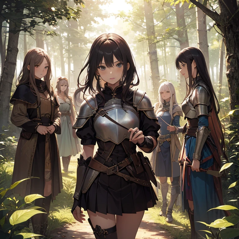 A group of female medieval fantasy adventurers, (in forest), various hair styles, harem, night, details face, short skirt, seducing, sleeveless, armor