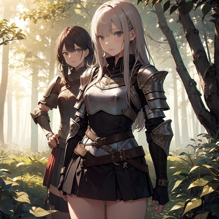 A group of  female medieval fantasy adventurers, (in forest), various hair styles, harem, night, details face, short skirt, seducing, sleeveless, armor