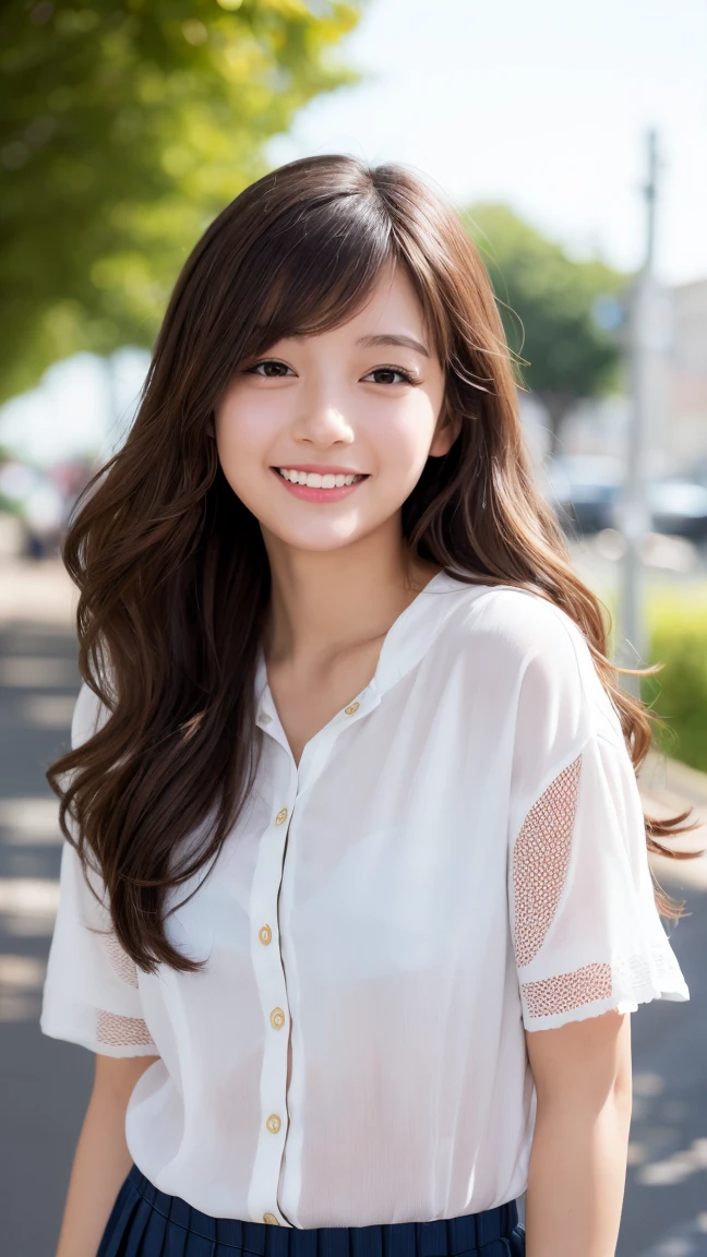 1girl in, Solo, Smile, Light brown hair, Middle Hair, Looking at Viewer, tree, Outdoors, Realistic, Night, Black eyes, Upper body, Lips、tiny chest、Model body type、gradation hair、waved hair