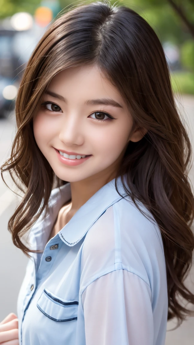 Realistic, masterpiece, highest quality, Highest Resolution, One Japan , 16 years old, Upper body photo, he女は目を細めた.、Look at me with a shy smile, Laughing with your mouth open, How to draw beautiful and delicate eyes, (Droopy eyes:1.3), Dark Eyes, Thin eyebrows, Draw eyelashes carefully, I can see your teeth, Gal Makeup, (Brown and white wavy hair with white mesh, Long Hair, middle part:1.3), (Hidden eyelid wrinkles:1.3), he'Wearing a neat white button-up shirt.., he女はショートパンツを着ています, gray, Check Pleated Skirt., A was taken from diagonally below., School classroom、Early summer morning、A refreshing college student walking on campus、he女は手を挙げて友達と笑顔で挨拶を交わす、少し離れてhe女を撮影