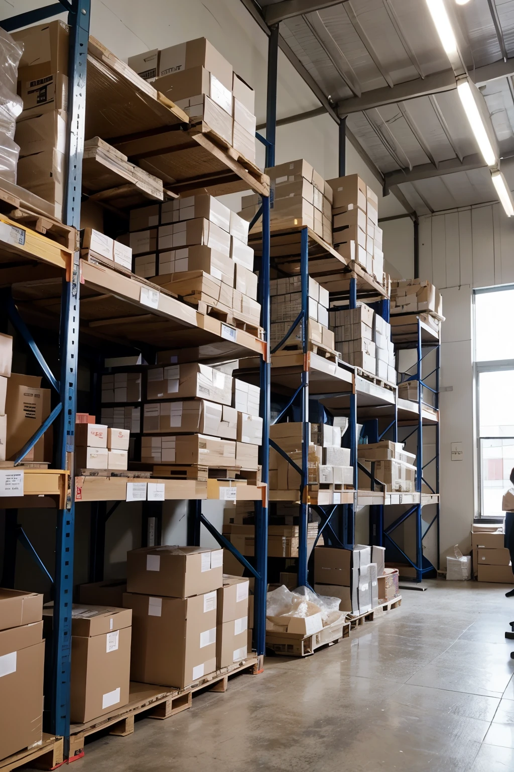 create an image of a well-organized industrial warehouse area with employees placing products on shelves