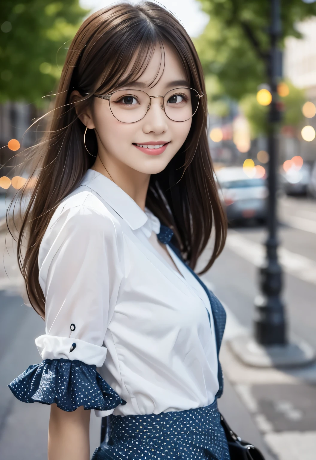 (masterpiece, best quality:1.1), (8k, raw photo, photo realistic:1.2, f22), (shiny skin), detailed skin,long hair,detailed face, detailed eyes, smile,BREAK, real world, intricate details, smil, BREAK, 1girl, (Polka dot pattern,skirt,blue,Glasses), BREAK, (city:1.4), BREAK
