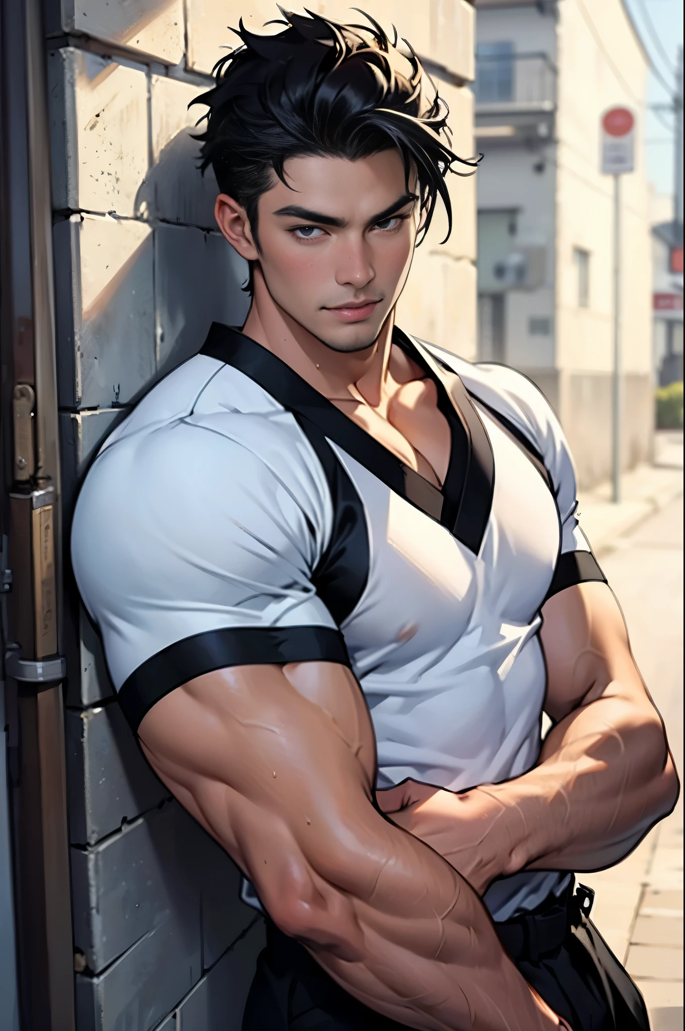 highest quality, Photorealistic, masterpiece, finely, High resolution, Japanese men, 20-year-old, Handsome face, tall, Thin body type, Muscular, Short black hair, T-Shirts,