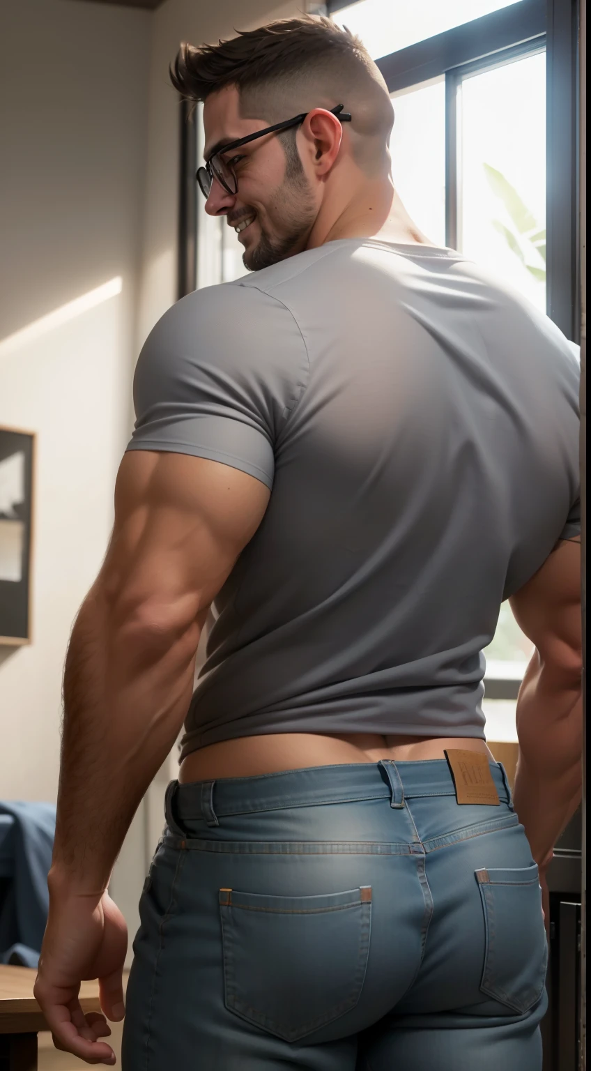 Peter Pan examines the buttocks of a 20-year-old Brazilian boy, wearing tight sweatpants with a protruding convex codpiece. Muscular, with round, firm, perfect buttocks, Aesthetic, erotic, beautiful