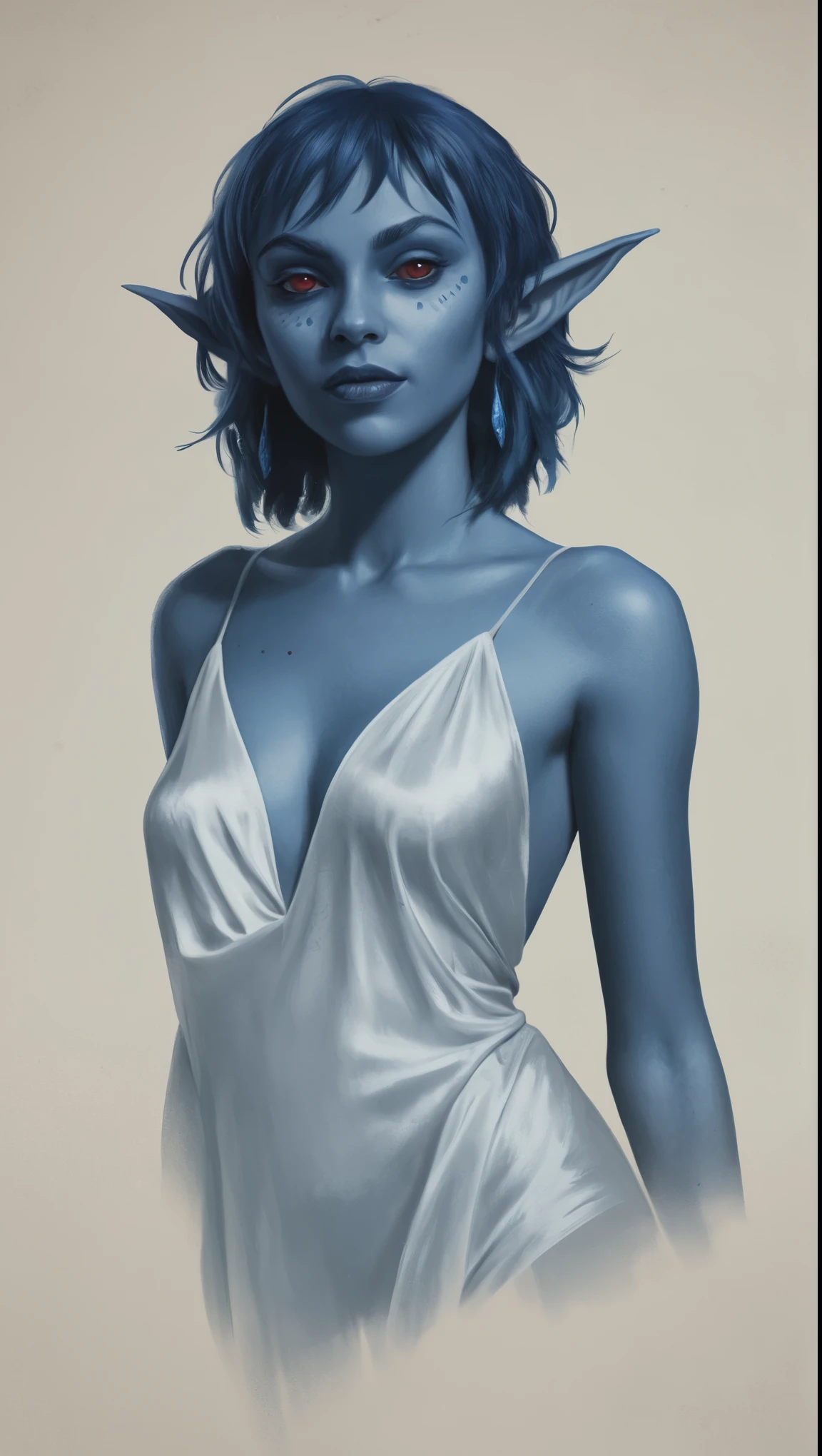 An illustrated movie poster, hand-drawn, full color, a young drow woman, drow elf, wearing a silk chemise, blue skin, blue complexion, pointy elf ears, ruby eyes, dark hair, shaggy bob, posing like a model, hard shadows, graphite shading, stencil marks, airbrushed acrylic paint, masterpiece, in the style of Rockstar Games
