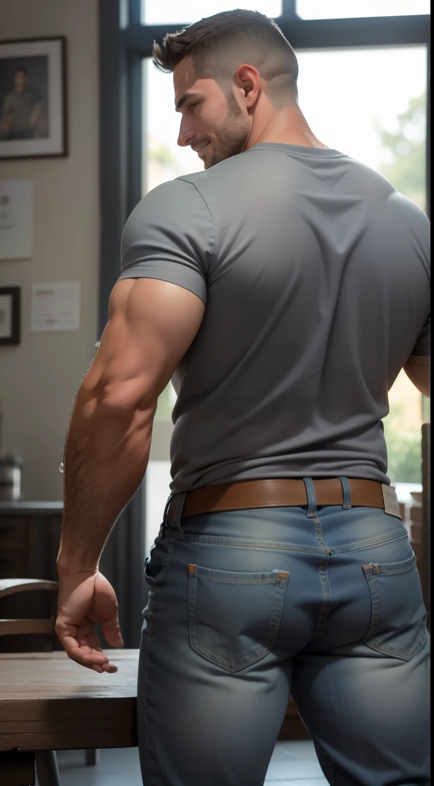 hombre musculoso salvaje, (40 year old daddy:1.1), 1 chico, Solo, (vistiendo una camisa a cuadros roja afuera), (camiseta gris por dentro), (hombros grandes), musculatura, rastrojos, barba corta, ojos bonitos:1.3, ), (cara detallada:1.3), Usando lentes, smiles, dynamic angle, volumetric lighting, (mejor calidad, A high resolution, fotorrealista), cinematic lighting, Obra maestra, foto cruda, detalles intrincados, hdr, cuerpo completo, Bubble butt, jeans backside backside
