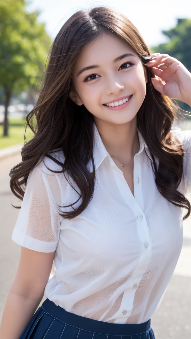 Realistic, masterpiece, highest quality, Highest Resolution, One Japan , , Upper body photo, he女は目を細めた.、Look at me with a shy smile, Laughing with your mouth open, How to draw beautiful and delicate eyes, (Droopy eyes:1.3), Dark Eyes, Thin eyebrows, Draw eyelashes carefully, I can see your teeth, Gal Makeup, (Brown and white wavy hair with white mesh, Long Hair, middle part:1.3), (Hidden eyelid wrinkles:1.3), he'Wearing a neat white button-up shirt.., he女はショートパンツを着ています, gray, Check Pleated Skirt., A was taken from diagonally below., School classroom、Early summer morning、A refreshing college student walking on campus、Attending lectures enthusiastically、Drink Pocari Sweat to stay hydrated