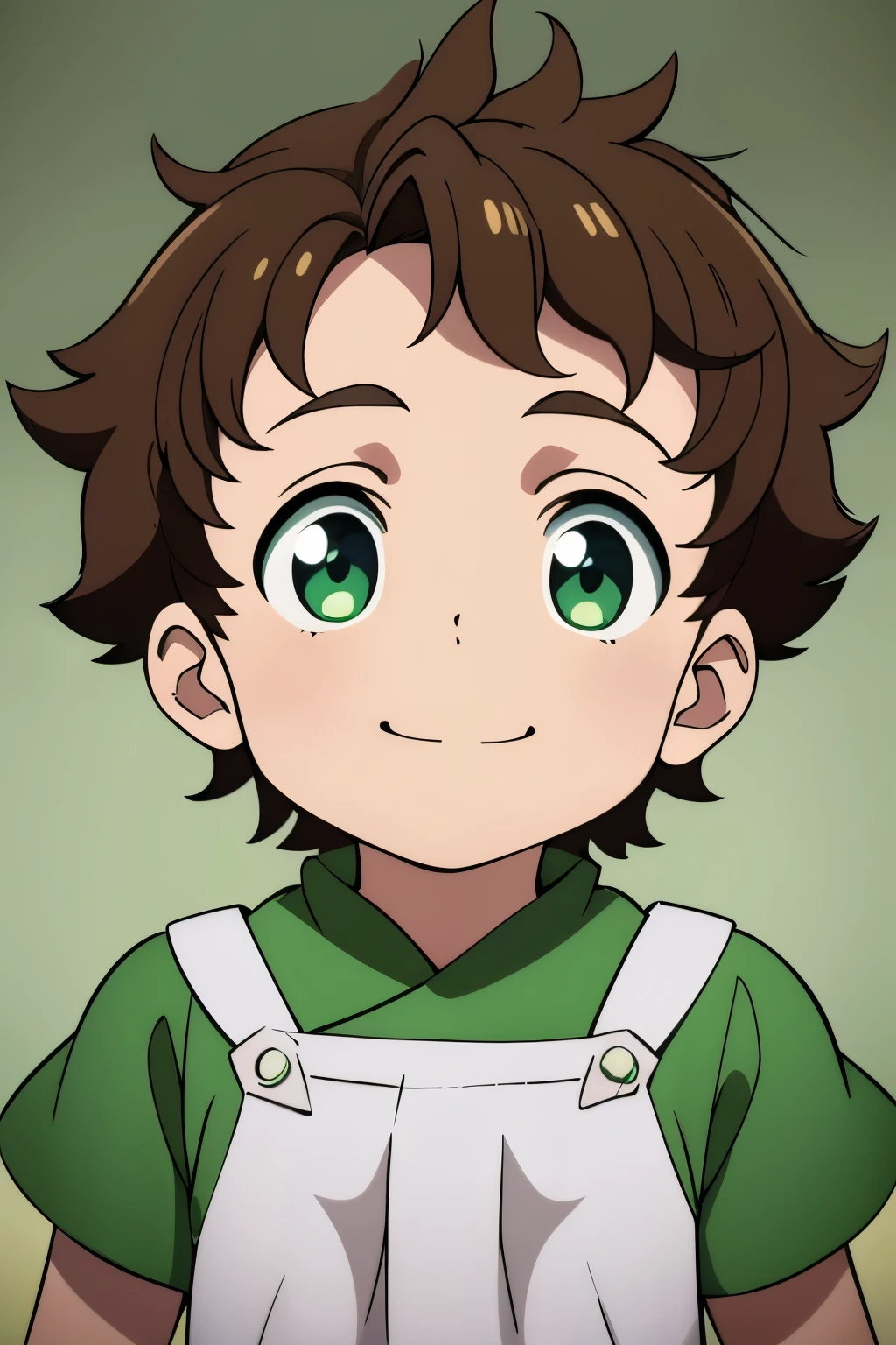 (high-quality, breathtaking),(expressive eyes, perfect face) 1boy, male, solo, , dark brown color hair, green eye color, spiky fluffy hair, wavy hair, short hair length, cute smile, cute face, childlike face, white and green tunic, Symmetrical Eyes, portrait, bustshot, positive expression, grey background
