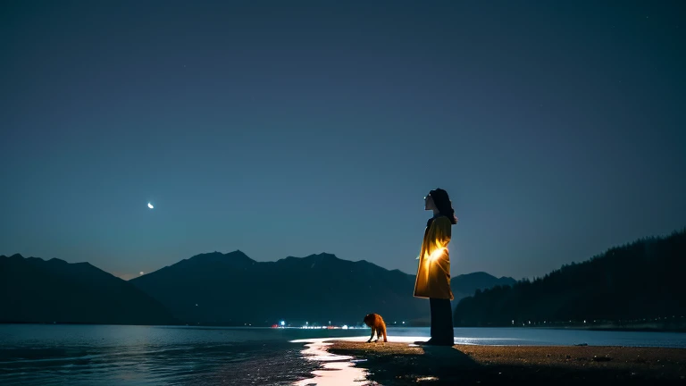 An anthropomorphic dachshund stands on the shore of a lake on a moonlit night。Japanese animation。