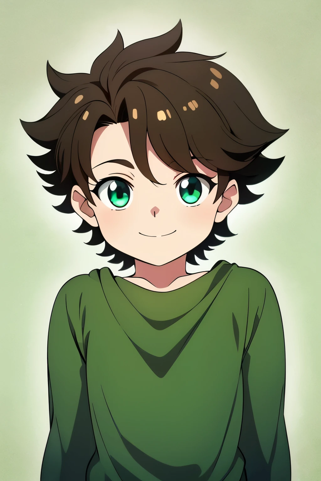 (high-quality, breathtaking),(expressive eyes, perfect face) 1boy, male, solo, toddler age, dark brown color hair, green eye color, spiky fluffy hair, wavy hair, short hair length, cute smile, cute face, childlike face, white and green tunic, Symmetrical Eyes, portrait, bustshot, positive expression, grey background
