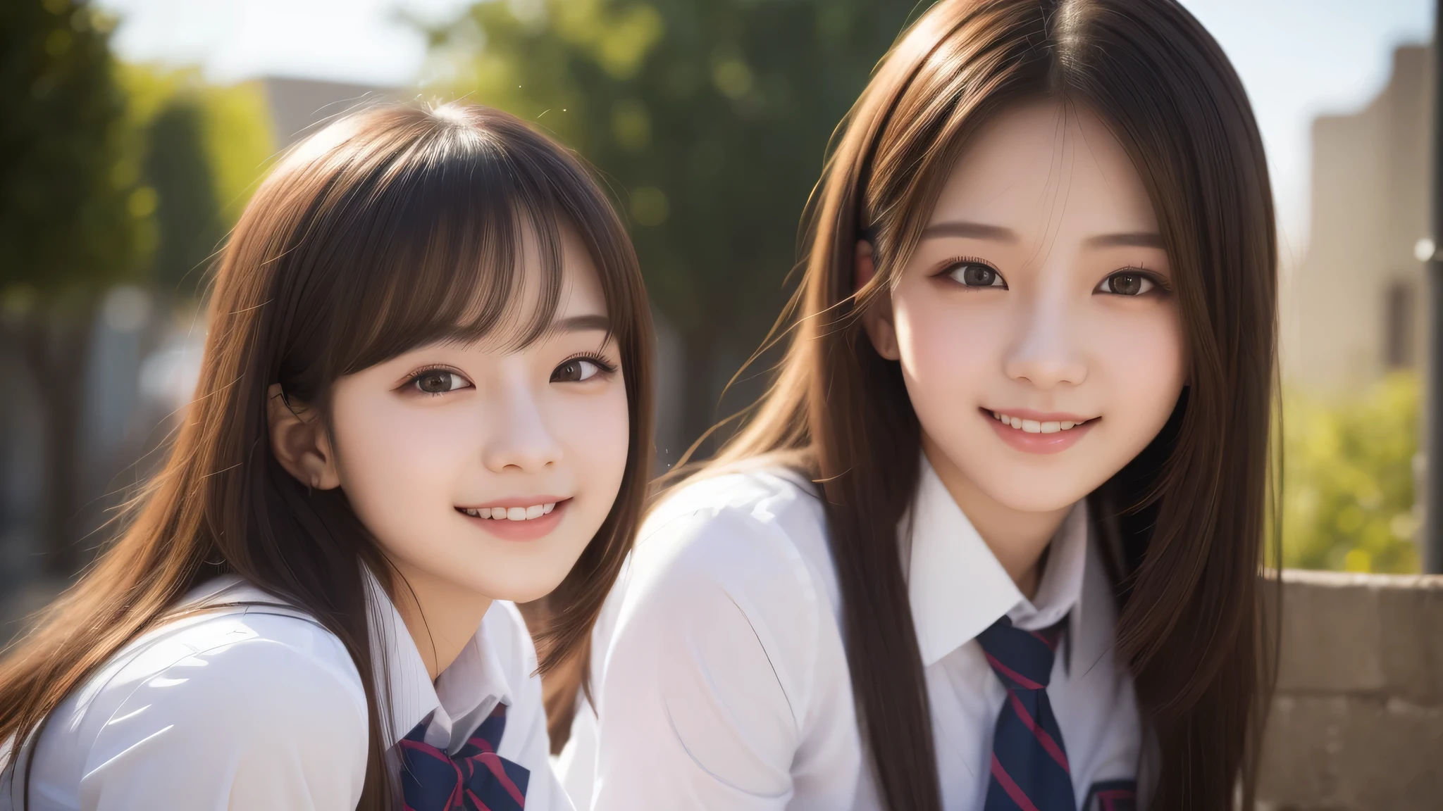 (short bob:1.2). (2girl), enchanting smile, (Best Quality:1.4), Realistic, extremely detailed CG unified 8k wallpaper, highly detailed, High-definition raw color photos, professional photography, Realistic portrait, Cinematic Light, Beautiful detailed, Beautiful breasts, (Fine face:1.2), Close up portrait of girl, (high school uniform:1.2), Outdoors,