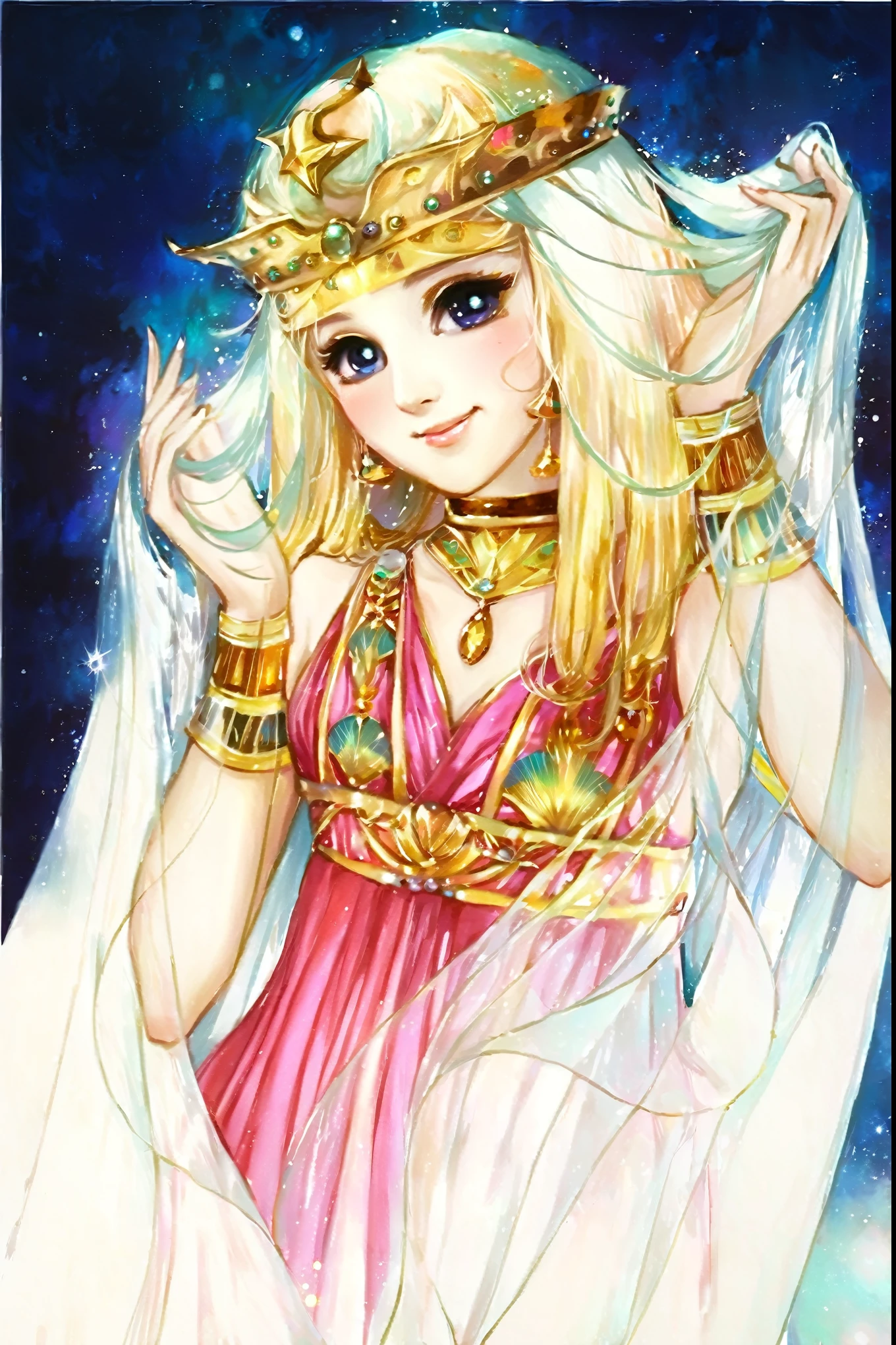 A painting of a woman wearing a pink dress，Wearing a golden crown, Sailor Galaxy. fair, anime goddess, Princess Libu, Greek goddess Aphrodite, Goddess Artemis smiled, Anime Princess, Portrait of zodiac girl knight, ((a fair fantasy empress)), Beautiful Leo goddess, Goddess of love and peace, goddess in greek mythology