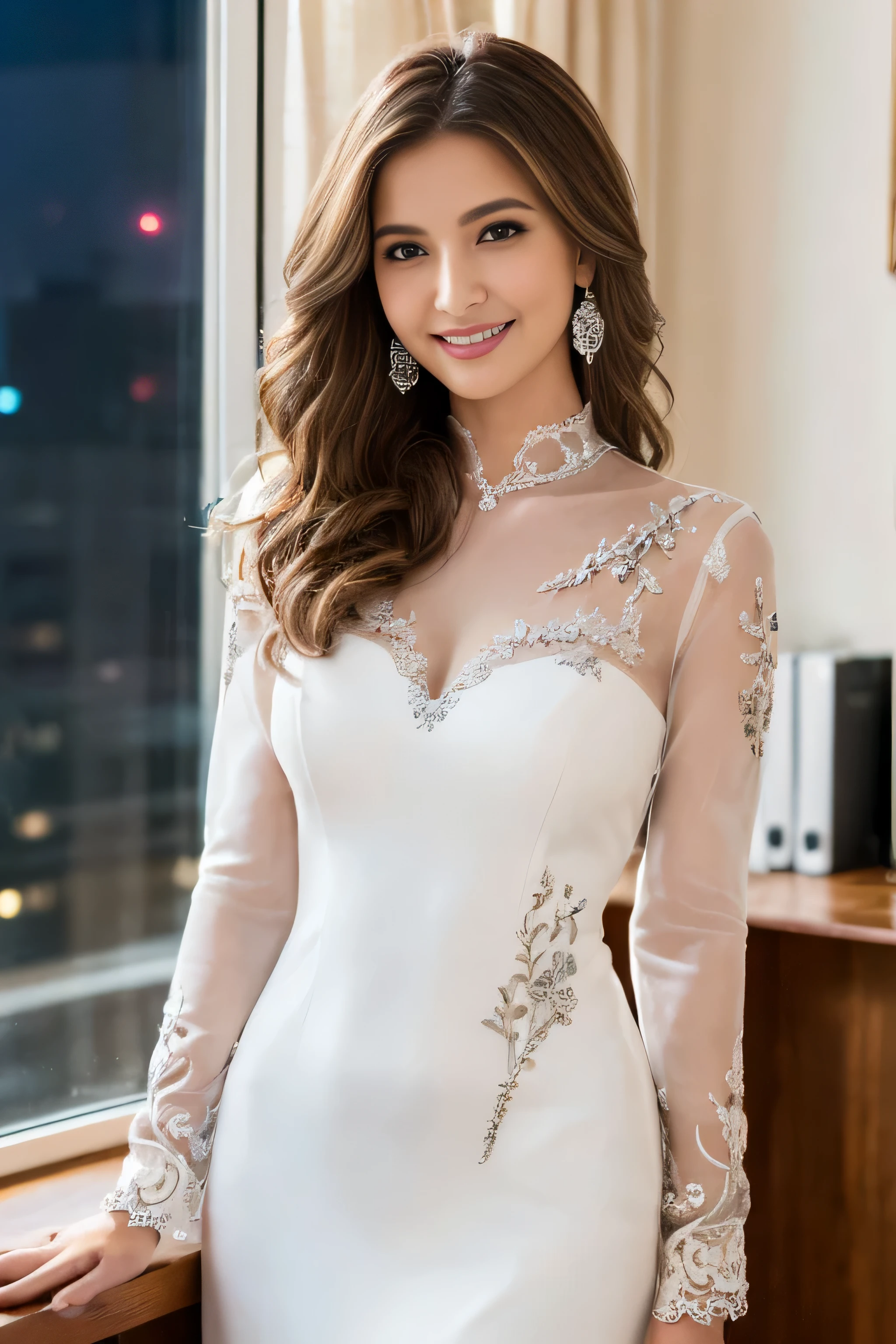 ((Tabletop:1.4, highest quality)), (Realistic photos:1.4), ((1 girl)), (超High resolution:1.2), Very delicate and beautiful, wonderful, very detailed Cg Unity 8K wallpaper, Very detailed, High resolution, Soft Light, Beautiful detailed girl, Very detailedな目と顔, Beautiful and detailed nose, Beautiful and detailed, (Dressed in finery:1.4), Cinema Lighting, Perfect Anatomy, Slender body, Thin chest, (Ice Castle Guest Room:1.3), (Ice furniture:1.3), (Ice transparency, The beauty of light refracting through ice:1.3), Cowboy Shot, Looking at the audience, ((A shy smile:1.3)),((Loosely inward wavy hair:1.2)),((Extra long brown hair:1.2))fullbody shot、((full figure supermodel standing, entire body in frame))((A flowing white dress adorned with intricate silver embroidery_Long sleeve_Thin:1.3))、((Skyscrapers look hazy outside the window:1.4)),