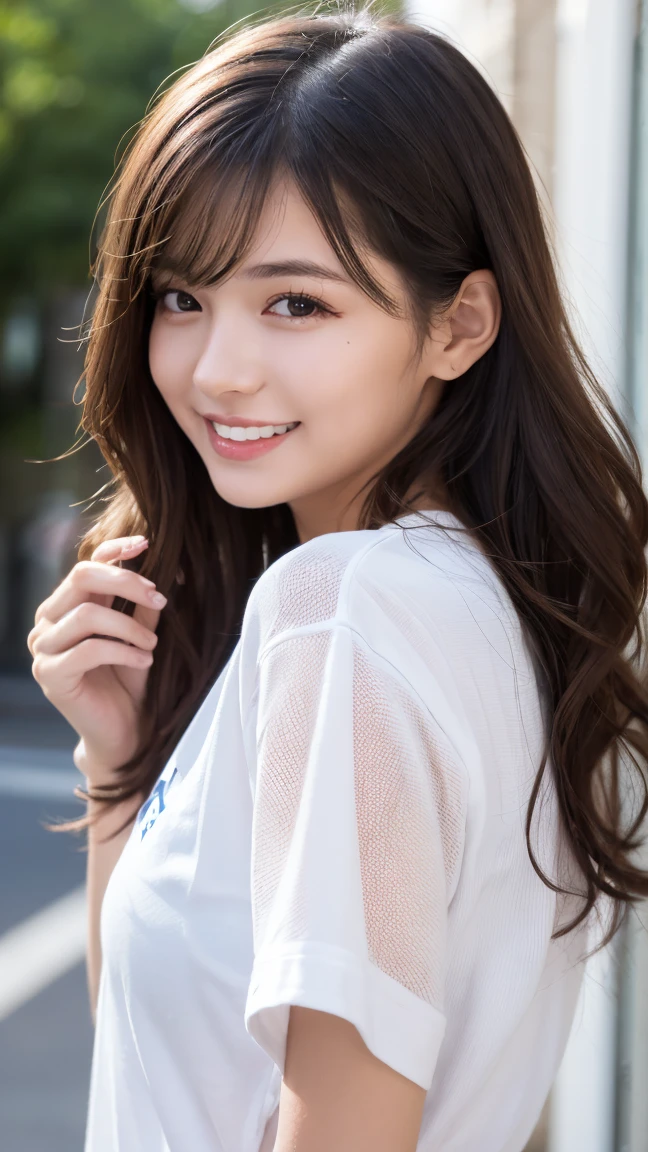 Realistic, masterpiece, highest quality, Highest Resolution, One Japan , 16 years old, Upper body photo, he女は目を細めた.、Look at me with a shy smile, Laughing with your mouth open, How to draw beautiful and delicate eyes, (Droopy eyes:1.3), Dark Eyes, Thin eyebrows, Draw eyelashes carefully, I can see your teeth, Gal Makeup,  (Brown and white wavy hair with white mesh, Long Hair, middle part:1.3), (Hidden eyelid wrinkles:1.3), he&#39;Wearing a neat white button-up shirt.., he女はショートパンツを着ています, gray, Check Pleated Skirt., A was taken from diagonally below., School classroom、Early summer morning、A refreshing college student、Attending lectures enthusiastically、Drink Pocari Sweat to stay hydrated
