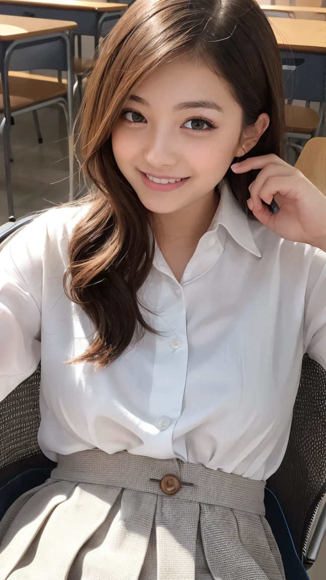 Realistic, masterpiece, highest quality, Highest Resolution, One Japan , 16 years old, Upper body photo, he女は目を細めた.、Look at me with a shy smile, Laughing with your mouth open, How to draw beautiful and delicate eyes, (Droopy eyes:1.3), Dark Eyes, Thin eyebrows, Draw eyelashes carefully, I can see your teeth, Gal Makeup, (Brown and white wavy hair with white mesh, Long Hair, middle part:1.3), (Hidden eyelid wrinkles:1.3), he'Wearing a neat white button-up shirt.., he女はショートパンツを着ています, gray, Check Pleated Skirt., A was taken from diagonally below., School classroom、Early summer morning、A refreshing college student、Attending lectures enthusiastically、Drink Pocari Sweat to stay hydrated