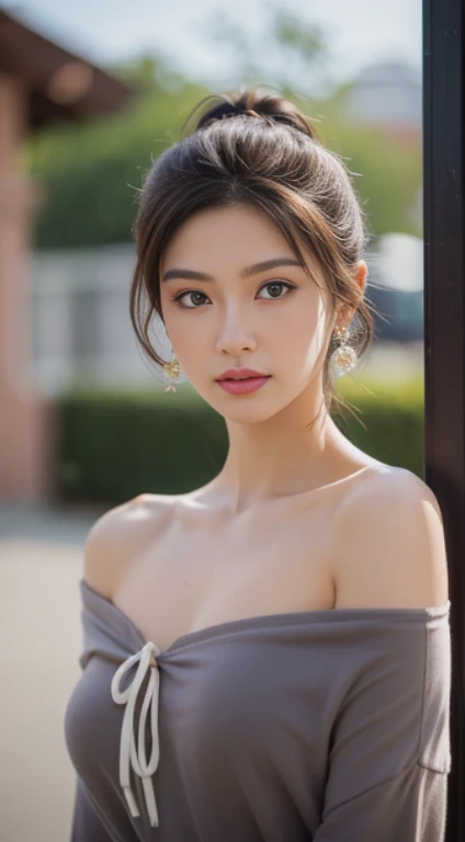 blurry, depth of field, blurry background, 1girl, earrings, blurry foreground, jewelry, solo, photo \(medium\), realistic, off shoulder, looking at viewer, bare shoulders, photorealistic, brown eyes, collarbone, upper body, lips, hoop earrings, tiles, breasts, long hair ponytail, cosplay photo, off-shoulder shirt, nose, brick wall, dress, straight-on