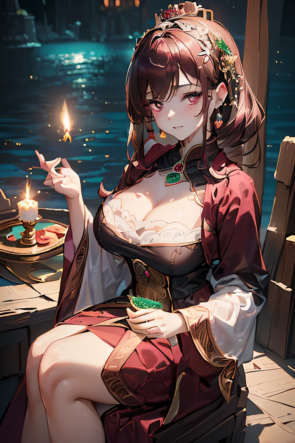 (((Royal palace decorated with intricate patterns and symbols of authority in an ancient castle at night)))、(((On a majestic jade throne々Sit together:1.3)))、Beautiful idol girl、A gothic dress featuring intricate lace details and vibrant colors..、((((Vivid and gorgeous cosplay gothic dress of mythical creatures)))、(The night is lit by a single candle:1.3), Cute round face,(((Two-tone brown and burgundy hair)))、Blushing,Pointed red mouth,Big Breasts,Accentuate your breasts,Perfect body curves,Beautiful clavicle、Detailed garment features,Detailed hair features,Detailed facial features,Looking at the camera,(Dynamic Angle),(Dynamic and sexy pose),Cinematic Light,(masterpiece,highest quality,Ultra-high resolution output images,Written boundary depth,Intricate details,The contrast of light and shadow makes the subject appear three-dimensional,) ,digital illustration,Single-lens reflex camera, (Realistic:1.3),(8K quality,Anatomically correct facial structure,),(Ocean Art 2.0 Mode:1.3),(Picture Mode Ultra HD,)