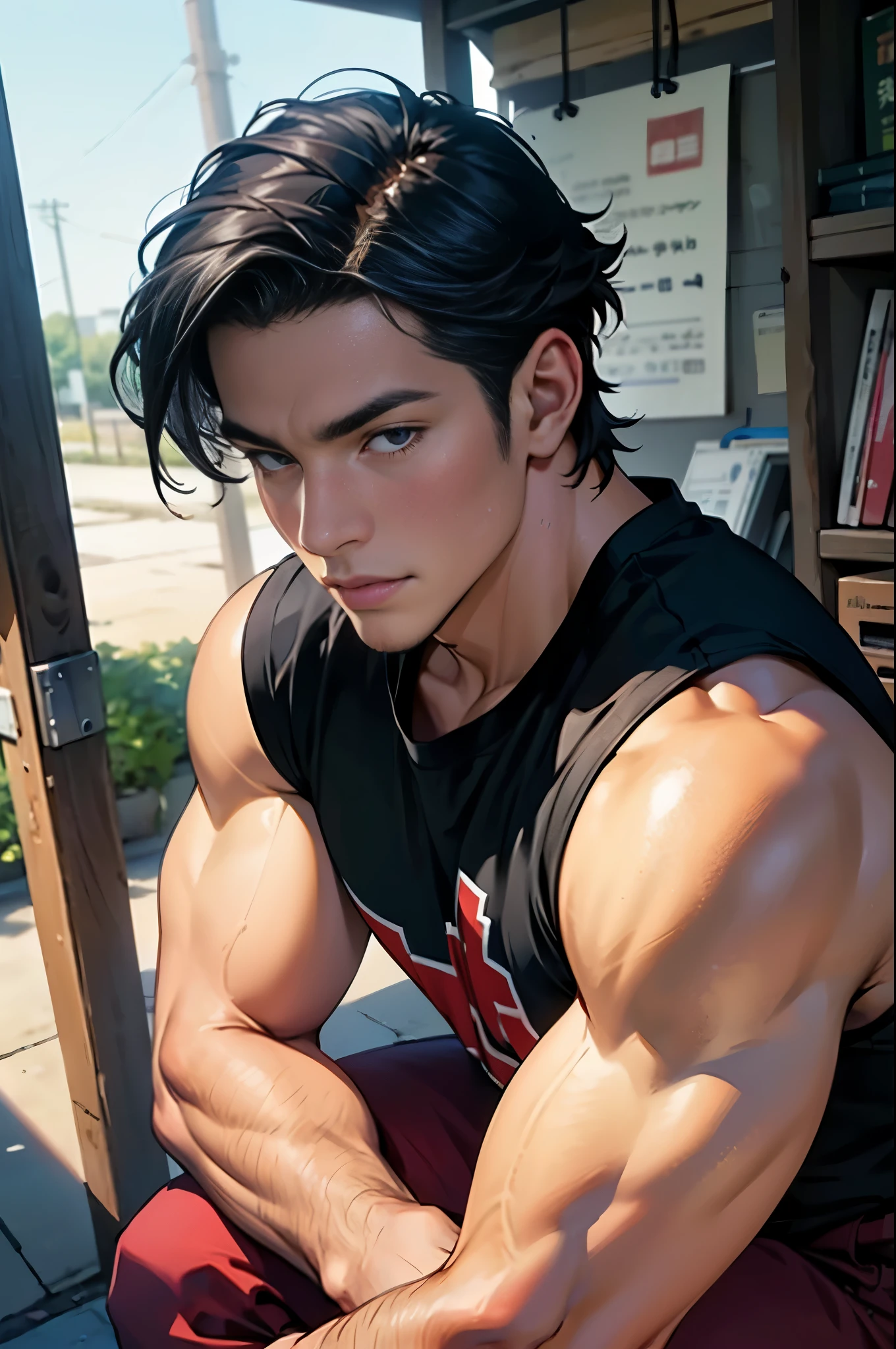 highest quality, Photorealistic, masterpiece, finely, High resolution, Japanese men, 20-year-old, Handsome face, tall, Thin body type, Muscular, Short black hair, T-Shirts,