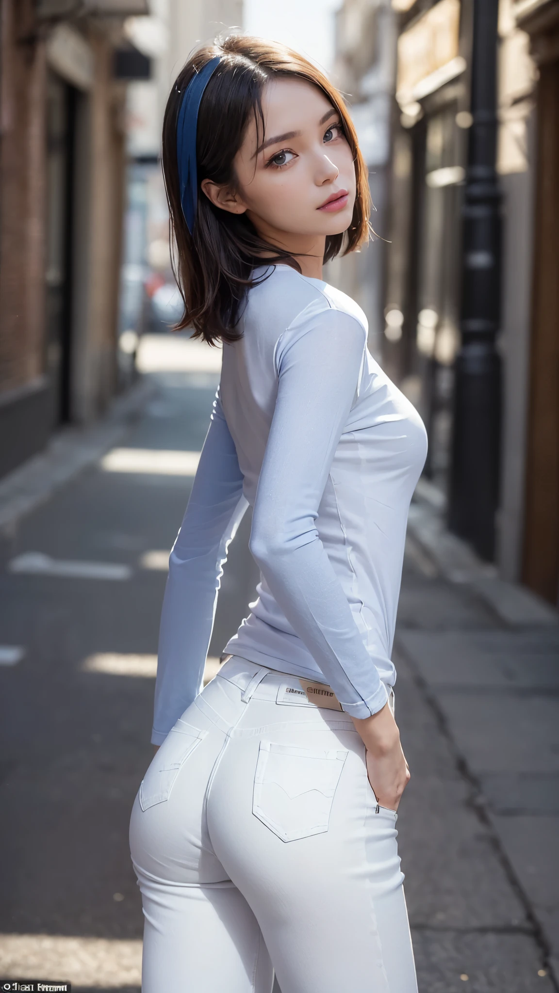 (((Backwards:2.0, Face your buttocks towards the camera:2.0, Accentuate your butt:2.0))), ((Clothing:1.8)), (((Semi-transparent white denim pants:1.8, Long blue T-shirt:2.0))), 1 Girl, solo, Bobcut, A grin, 18-year-old, 7 heads, Ideal body proportions, Black Hair, With bangs, Small breasts, slender, Small ass, Beautiful feet, Skinny Legs, Surrealism, Cinematic Lighting, Depth of written boundary, First Person View,  F/1.8, 135mm, Ticker, Mastepiece, Curate, ((Anatomically correct:1.3)), Textured skin, Super Detail, High detail, High quality, Awards, Best Quality, High resolution, 8K