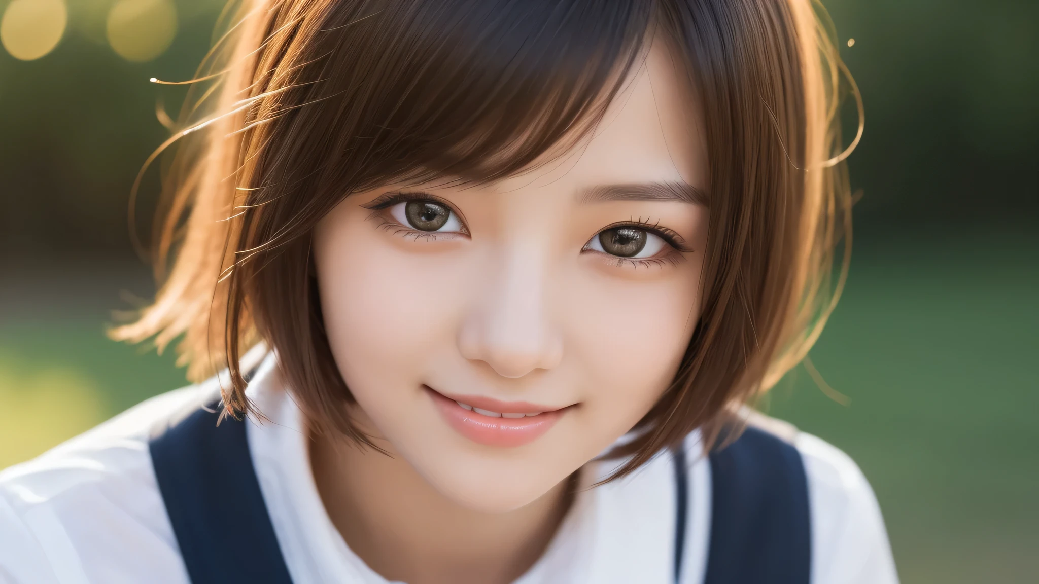 (short bob:1.3). (2girl), enchanting smile, (Best Quality:1.4), Realistic, extremely detailed CG unified 8k wallpaper, highly detailed, High-definition raw color photos, professional photography, Realistic portrait, Cinematic Light, Beautiful detailed, Beautiful breasts, (Fine face:1.2), Close up portrait of girl, (high school uniform:1.2), Outdoors,