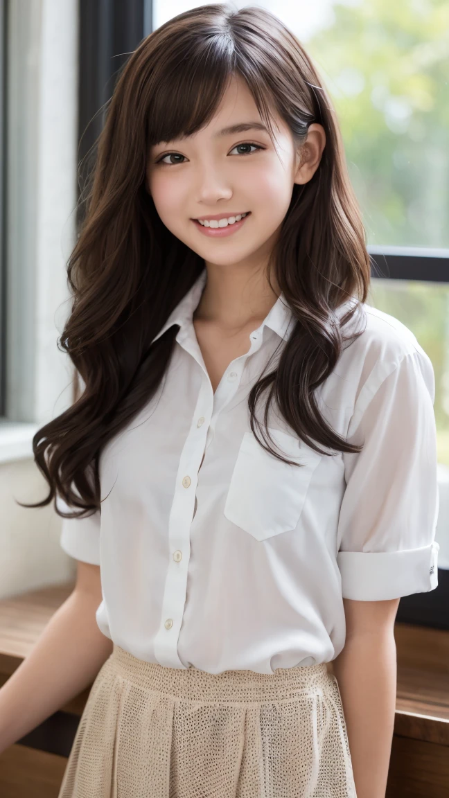 Realistic, masterpiece, highest quality, Highest Resolution, One Japan , , Upper body photo, he女は目を細めた.、Look at me with a shy smile, Laughing with your mouth open, How to draw beautiful and delicate eyes, (Droopy eyes:1.3), Dark Eyes, Thin eyebrows, Draw eyelashes carefully, I can see your teeth, Gal Makeup,  (Brown and white wavy hair with white mesh, Long Hair, middle part:1.3), (Hidden eyelid wrinkles:1.3), he&#39;Wearing a neat white button-up shirt.., he女はショートパンツを着ています, gray, Check Pleated Skirt., A was taken from diagonally below., School classroom、Early summer morning、A refreshing college student、Studying by the window、The dazzling greenery outside、he女はリフレッシュのためにポカリスエットを手に取る
