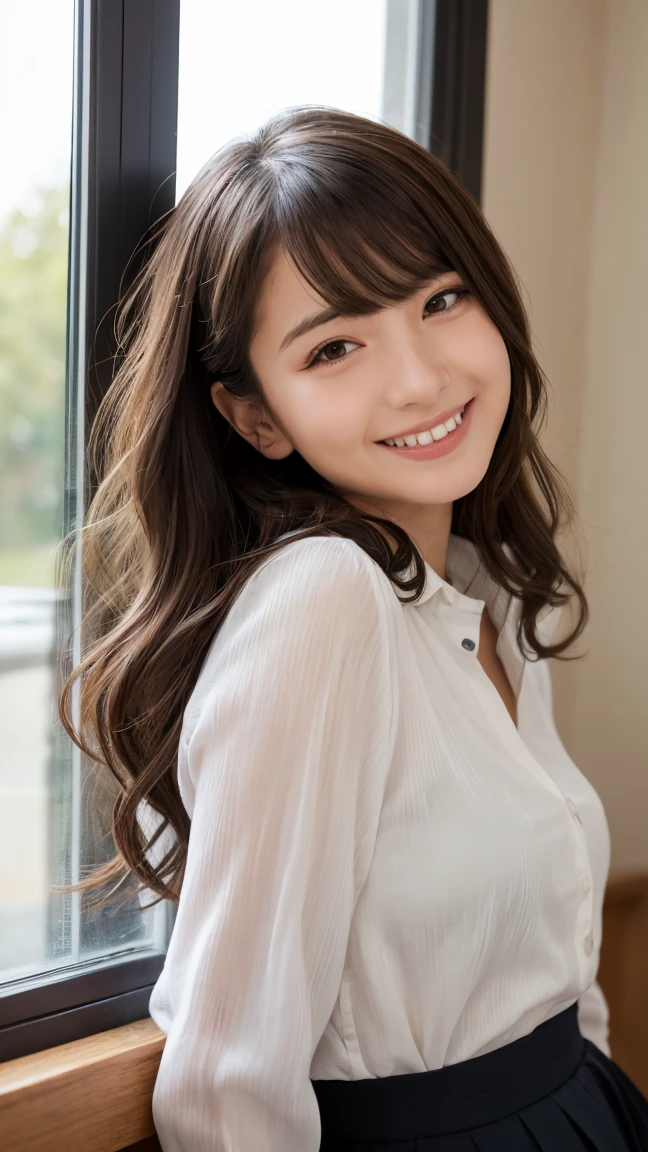 Realistic, masterpiece, highest quality, Highest Resolution, One Japan , 16 years old, Upper body photo, he女は目を細めた.、Look at me with a shy smile, Laughing with your mouth open, How to draw beautiful and delicate eyes, (Droopy eyes:1.3), Dark Eyes, Thin eyebrows, Draw eyelashes carefully, I can see your teeth, Gal Makeup, (Brown and white wavy hair with white mesh, Long Hair, middle part:1.3), (Hidden eyelid wrinkles:1.3), he'Wearing a neat white button-up shirt.., he女はショートパンツを着ています, gray, Check Pleated Skirt., A was taken from diagonally below., School classroom、Early summer morning、A refreshing college student、Studying by the window、The dazzling greenery outside、he女はリフレッシュのためにポカリスエットを手に取る