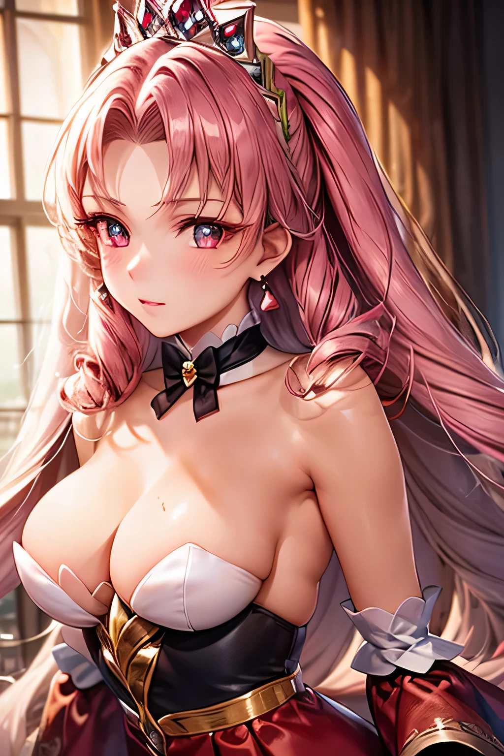 (masterpiece:1.2), best quality, high resolution, unity 8k wallpaper, (illustration:0.8), (beautiful detailed face:1.2, beautiful detailed eyes:1.2), perfect lighting, extremely detailed CG, (perfect hands, perfect anatomy), 

Cute, beautiful, charming lady, shiny hair, lustrous skin, beautiful light big eyes, 
milf, married woman, soft With a gentle appearance and a gentle mother-like atmosphere,
Feminine style, beautiful kubire, beautiful, naughty face,

scarlet_a, red eyes, dark pink hair, long hair, parted bangs,big breasts, tiara, black choker, earrings, bracelet, gem, magical girl, red dress, red sleeves, wide sleeves, detached sleeves, skirt, red legwear, 