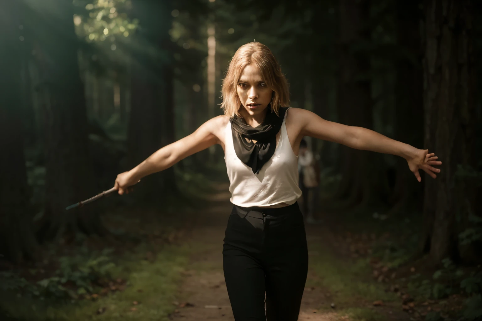 (Best quality, 8k, 32k, Masterpiece, UHD:1.2) "Transform the image into a chilling forest reminiscent of the eerie atmosphere found in the comic series 'Something is Killing the Children.' Populate the scene with ominous trees whose branches twist like gnarled claws, casting long shadows that obscure the path ahead. Introduce unsettling details like glowing eyes peering from the darkness and sinister silhouettes lurking among the trees, hinting at the presence of lurking monsters. Use a desaturated color palette to evoke a sense of dread and isolation, with occasional pops of eerie light illuminating the scene. Convey the feeling of impending danger and uncertainty that permeates the haunted woods, leaving viewers on edge and wary of what lies ahead." ((tall trees)) ((monsters))