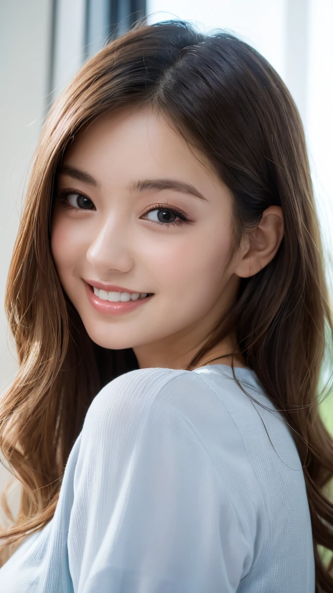 Realistic, masterpiece, highest quality, Highest Resolution, One Japan , , Upper body photo, he女は目を細めた.、Look at me with a shy smile, Laughing with your mouth open, How to draw beautiful and delicate eyes, (Droopy eyes:1.3), Dark Eyes, Thin eyebrows, Draw eyelashes carefully, I can see your teeth, Gal Makeup, (Brown and white wavy hair with white mesh, Long Hair, middle part:1.3), (Hidden eyelid wrinkles:1.3), he'Wearing a neat white button-up shirt.., he女はショートパンツを着ています, gray, Check Pleated Skirt., A was taken from diagonally below., School classroom、Early summer morning、A refreshing college student、Studying by the window、The dazzling greenery outside、(he女はリフレッシュのためにポカリスエットを手に取る:1.4)
