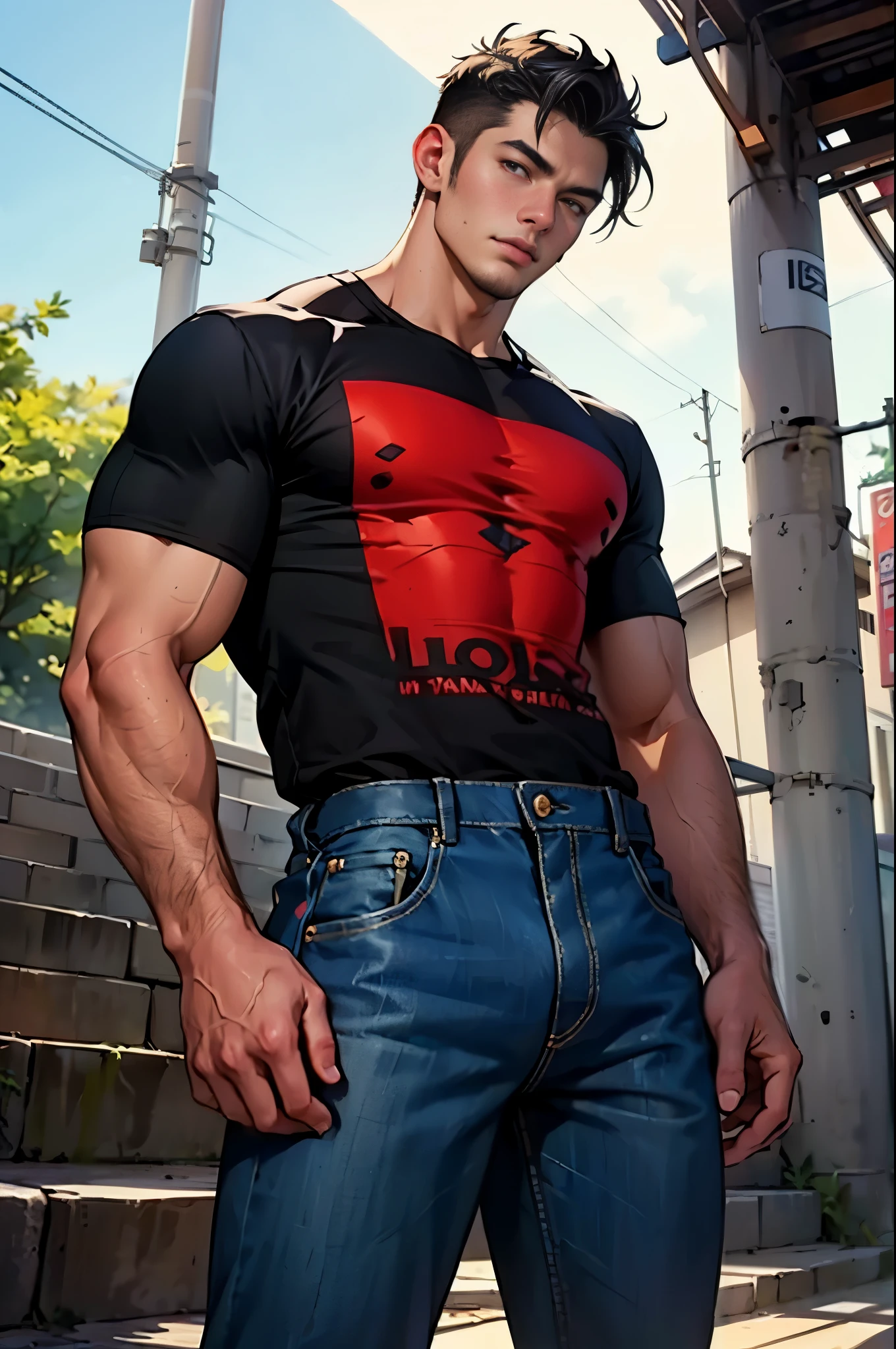 highest quality, Photorealistic, masterpiece, finely, High resolution, Japanese men, 20-year-old, Handsome face, tall, Thin body type, Muscular, Short black hair, T-Shirts, Denim trousers, 