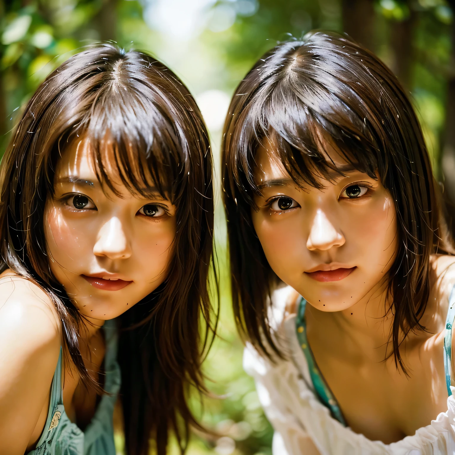 identical twin sisters、(highest quality, High resolution, masterpiece, realistic:1.2),(HDR, Bright colors),2 girls, Japanese, not wearing anything, big , slender and slender body, beautiful face, detailed facial features, pose for a photo,outdoor, professional dynamic lighting, (close:1.3, seen from below), detailed expression, natural pose, green background with fog, cool tone, cozy atmosphere, photon mapping
