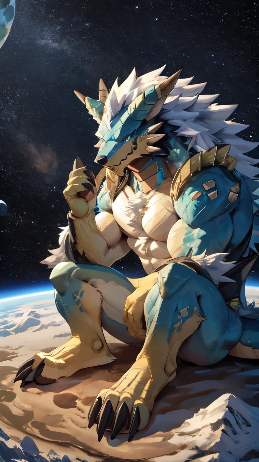 ((best quality)), ((masterpiece)), (detailed), (full body), zinogre, muscular anthro, macro, sitting on a tiny planet, in space, focus on his paws