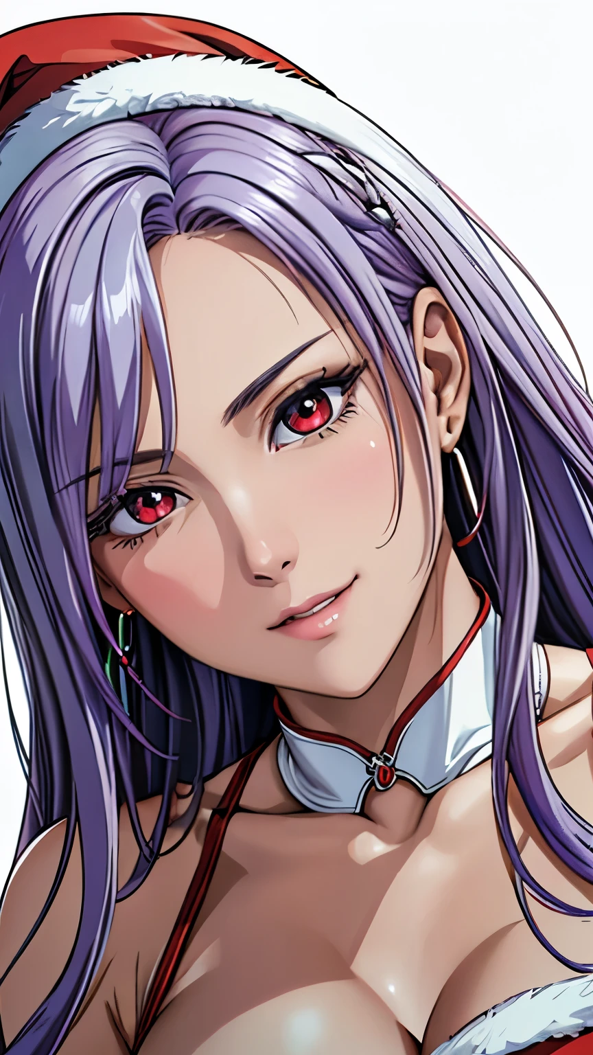 red eyes, (highest quality, masterpiece painting:1.3), immature woman, , (half body shot), masterpiece, ultra high resolution, (Photoreal:1.0), ((light purple hair)),straight hair, beautiful shining hair, white and shining skin, ((Ultra realistic details)), octane rendering, highly detailed face, (big breasts:0.8), Santa hat, Santa tube costume, red dress,  open neckline, cleavage, perfect body, soft skin, silver earrings, (pure white background:1.4), sharp focus, intricate details, professional artwork, (bright colors:1.1), bright colors, diffused lighting, digital blending, ultra-definition body, ultra detail hair, super detailed face, that&#39;It&#39;s trending on pixiv, top button open, Cute gaze, compensate, perfect lips, perfect compensate, Ultra-precision coating, (light_smile:0.8), (smugness:1.2),blush your nose,