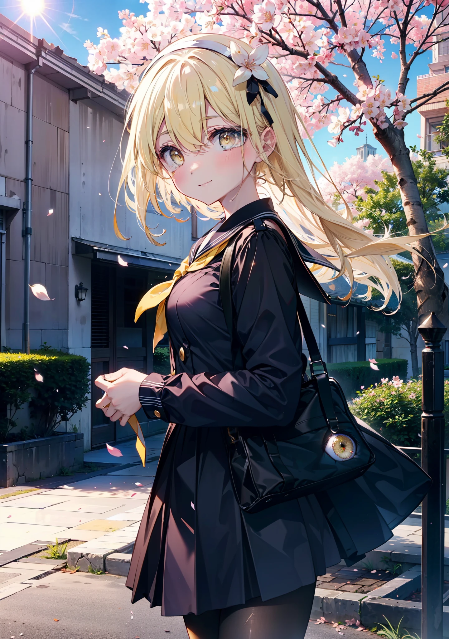 アイスWallenstein, Wallenstein, blonde, Hair between the eyes, hair band, Long Hair, (Yellow Eyes:1.5),happy smile, smile, Shut your mouth.,smile,blush,Black Sailor Suit,Black pleated skirt,Black Pantyhose,Brown Loafers,morning,morning陽,The sun is rising,Cherry blossoms are blooming,Cherry blossoms are scattered,Cherry blossom tree-lined path,break looking at viewer, break outdoors,School School building, break (masterpiece:1.2), highest quality, High resolution, unity 8k wallpaper, (shape:0.8), (Beautiful and beautiful eyes:1.6), Highly detailed face, Perfect lighting, Extremely detailed CG, (Perfect hands, Perfect Anatomy),