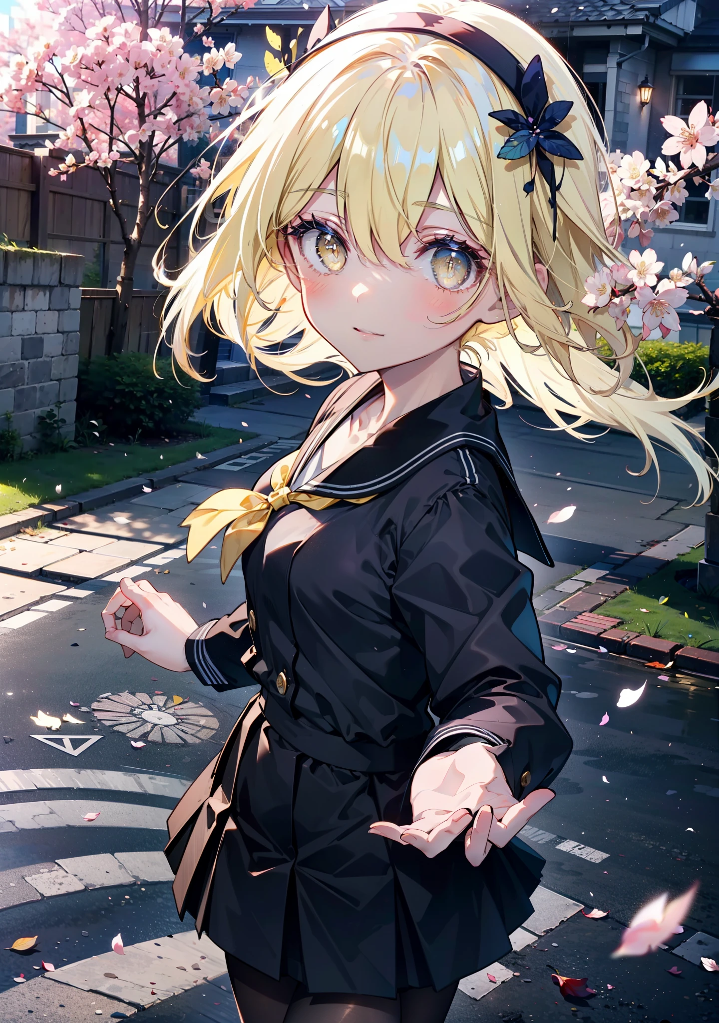 アイスWallenstein, Wallenstein, blonde, Hair between the eyes, hair band, Long Hair, (Yellow Eyes:1.5),happy smile, smile, Shut your mouth.,smile,blush,Black Sailor Suit,Black pleated skirt,Black Pantyhose,Brown Loafers,morning,morning陽,The sun is rising,Cherry blossoms are blooming,Cherry blossoms are scattered,Cherry blossom tree-lined path,break looking at viewer, break outdoors,School School building, break (masterpiece:1.2), highest quality, High resolution, unity 8k wallpaper, (shape:0.8), (Beautiful and beautiful eyes:1.6), Highly detailed face, Perfect lighting, Extremely detailed CG, (Perfect hands, Perfect Anatomy),