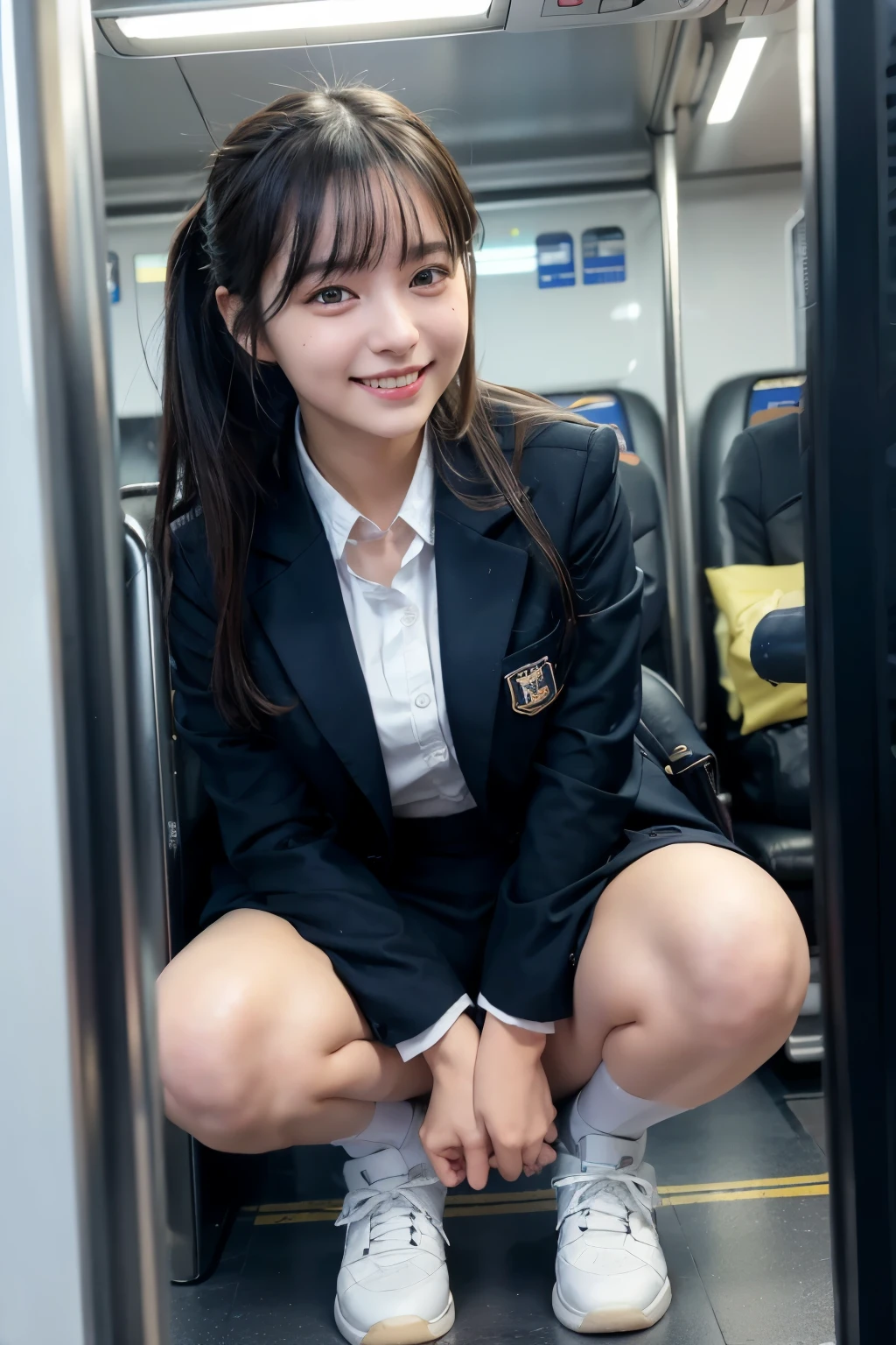 highest quality, masterpiece, Ultra-high resolution, (Reality: 1.4), Original photo, One girl, mature, White JK Uniform, happy smile, , squatting on seat in train,  Cinema Lighting