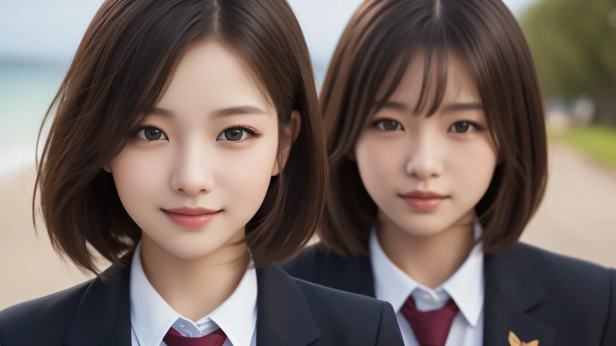 (short bob:1.3). (2girl), enchanting smile, (Best Quality:1.4), Realistic, extremely detailed CG unified 8k wallpaper, highly detailed, High-definition raw color photos, professional photography, Realistic portrait, Cinematic Light, Beautiful detailed, Beautiful breasts, (Fine face:1.2), Close up portrait of girl, (high school uniform:1.2), Outdoors, sea