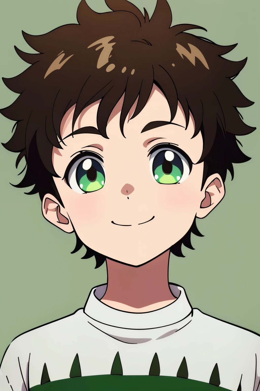 (high-quality, breathtaking),(expressive eyes, perfect face) 1boy, male, solo, toddler age, dark brown color hair, green eye color, spiky fluffy hair, wavy hair, short hair length, cute smile, cute face, childlike face, white and green shirt , Symmetrical Eyes, portrait, positive expression, grey background
