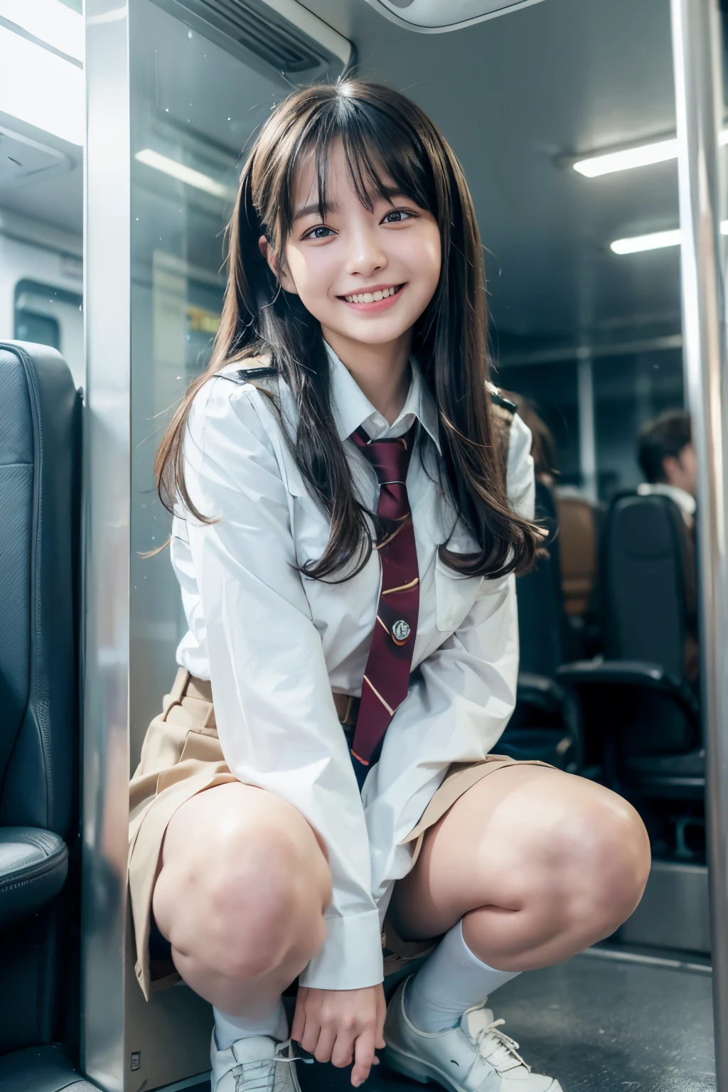 highest quality, masterpiece, Ultra-high resolution, (Reality: 1.4), Original photo, One girl, mature, White JK Uniform, happy smile, , squatting on seat in train,  Cinema Lighting