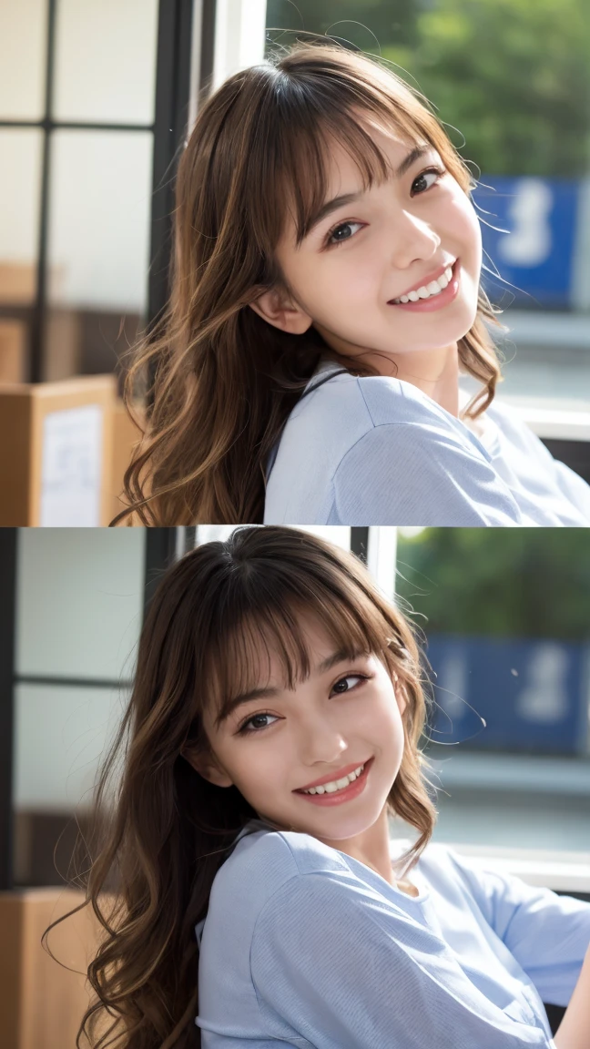 Realistic, masterpiece, highest quality, Highest Resolution, One Japan , 16 years old, Upper body photo, he女は目を細めた.、Look at me with a shy smile, Laughing with your mouth open, How to draw beautiful and delicate eyes, (Droopy eyes:1.3), Dark Eyes, Thin eyebrows, Draw eyelashes carefully, I can see your teeth, Gal Makeup,  (Brown and white wavy hair with white mesh, Long Hair, middle part:1.3), (Hidden eyelid wrinkles:1.3), he&#39;Wearing a neat white button-up shirt.., he女はショートパンツを着ています, gray, Check Pleated Skirt., A was taken from diagonally below., School classroom、Early summer morning、A refreshing college student、Studying by the window、The dazzling greenery outside、he女はリフレッシュ、(Pick up a Pocari Sweat:1.4)
