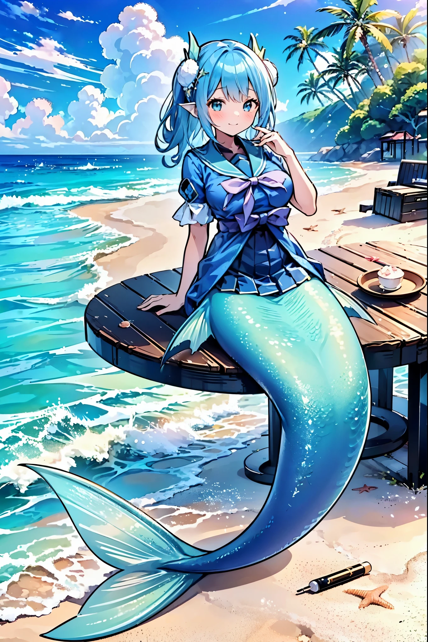 masterpiece, best quality(Full fingers),A woman,Large Breasts,Mermaid,Blue shirt,Blue Skirt,藍色的Mermaid尾巴,full-body shot,beach,躺在beach上,Sea view in the distance,charming脸(Kawaii, charming,Soft)