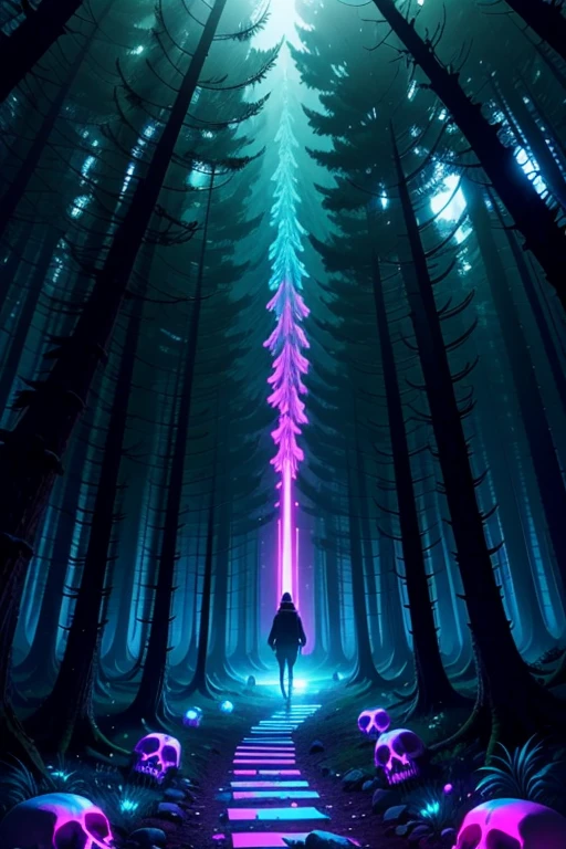 1-DigitalCreations, in a dazzling array of phosphorescent and neon colors, in a forest with Skulls lining the path 