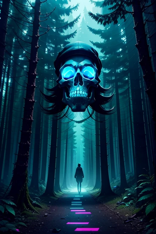 1-DigitalCreations, in a dazzling array of phosphorescent and neon colors, in a forest with Skulls lining the path