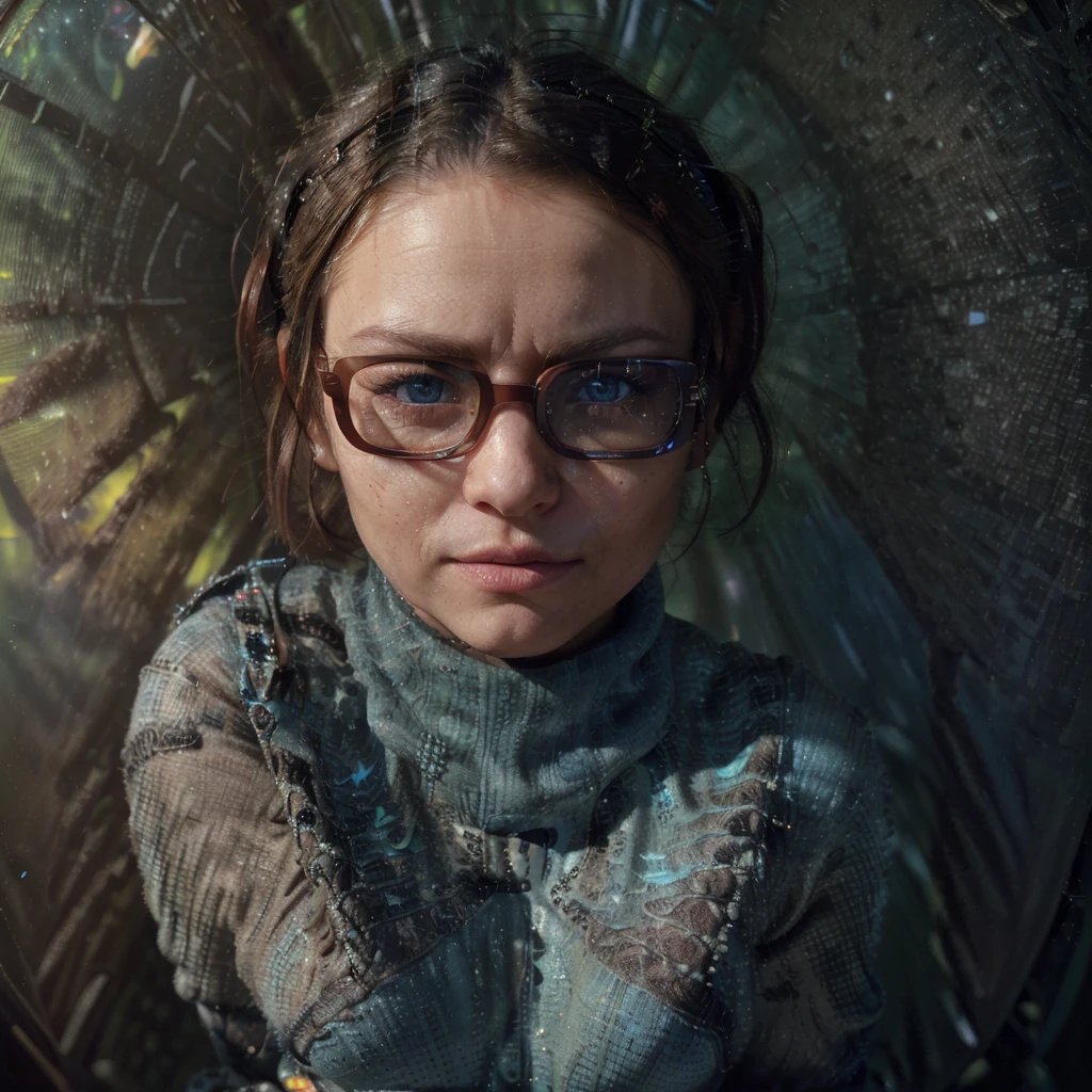 (AetherPunk AI:1.1), (DonMASKTexXL:1.1), (postapocalyptic style:1.5) (very close shot, zoom em retrato de rosto em close-up:1.5) photo of a weight, (boca fechada:1.5) deslumbrante jovem cabo-verdiana de 23 anos com cabelo loiro meio liso e angulado,. (seios enormes:1.3), She's wearing a (salmon synthetic sweater, saia, and pantyhose, botas:1.1). (((Realism; 8k definition features; The main scene is a full view of the person image taken from a distance with a wide-angle f/1.2 camera; realistic image; woman, normal appearance, contemporary style, blue eyes; light brunette, 38 years old , wearing square glasses))); ((normal body thin abdomen, narrow waist)), small, well-shaped eyes; thin and detailed eyebrows, (half-combed dark brown hair, bangs), very detailed skin texture, slight dimple on the face without makeup, small mouth with burgundy lipstick 1.4, long dress 1.6 ))), clear facial features)); (radiant expression; looking at the front of the scene: 1.2), (((completely contrasted background))) more ultra-real clothes: 1.8)), legs in front of each other: 1.4, ((exposed detail : 1.4, total scene position focus (f/1.2)); Sunlight hitting a forest; volumetric lighting, spectacular, ambient lights, luminous colors, cinematic atmosphere, realism style, intricate details in high capture. ((best quality: 1.4, 8k)), (((ultra-high resolution, physics-based rendering. ((Many bright and colorful particles are flying: 1.5, backlit )). full-length woman, appearance calm, bohemian style, blue eyes;
