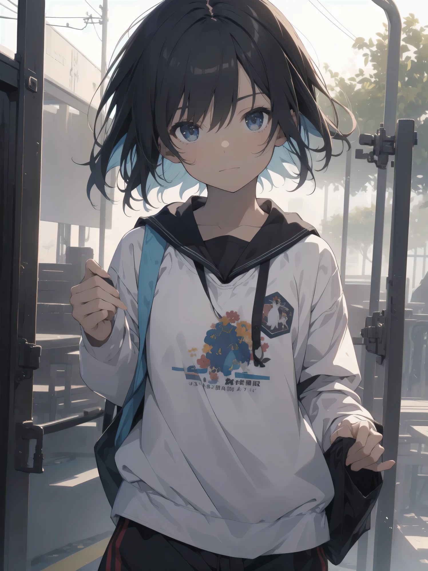 ultra-absurdres-Top quality by artist God, ultra-detailed, high resolution, anime moe artstyle, best anime 8k konachan wallpaper, pixiv contest winner,pool:2810, perfect anatomy,break, 1girl, (Please draw a tomboy walking to home alone. )break,(Solo,little female, 13-year-old:1.3),Full limbs, complete fingers, (very short hair), ponytail, flat chest, , small butt, small black eyes, beautiful detailed eyes, well-proportioned iris and pupils, expressive eyes, highres detailed hair, soft expression, school_gym uniform, official_alternate_costume,gym short shorts,(Detailed Lighting), (Detailed background), in the School commute route. break,super detailed skin, Best cinematic lighting powered by famous artist, 8k,beauty illustration,photoshop_(medium),very aesthetic,break,((artist:ido_(teketeke))), artist:bolze ,artist:oyari_ashito ,artist:kantoku ,